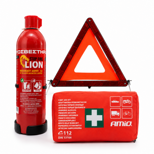 Race Axion Race Axion – Σετ Οδικής Βοήθειας με Πυροσβεστήρα Αφρού 1L, Τρίγωνο Ασφαλείας και Φαρμακείο DIN 13164-2022 για Πλήρη Ετοιμότητα σε Έκτακτες Ανάγκες – 1 Σετ (SET.1001)